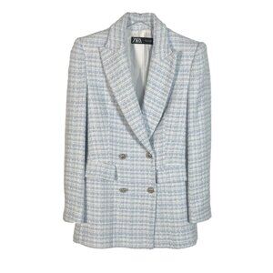 Zara Long Light Blue Double Breasted Tweed Blazer Jacket Size Small